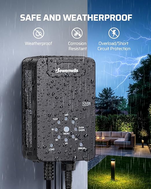 DEWENWILS 60W Low Voltage Transformer, 120V AC to 12V DC, Dusk to Dawn Sensor & Countdown Timer, Weatherproof Low Voltage Landscape Transformer for Spotlight, Garden Light, Pathway Light