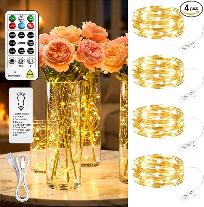4 Pack 50 LED Fairy Lights Battery Operated with DIY Timer, 16FT Rechargeable Indoor String Lights, 8 Modes Mini Twinkle Lights for Tree Craft Bedroom Vase Wedding Party Decor, Warm White