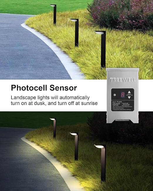200W Low Voltage Landscape Transformer, Outdoor Landscape Lighting Transformer with Photocell Sensor & Timer, 120V AC to 12V/15V AC, Stainless Steel Weatherproof Transformer
