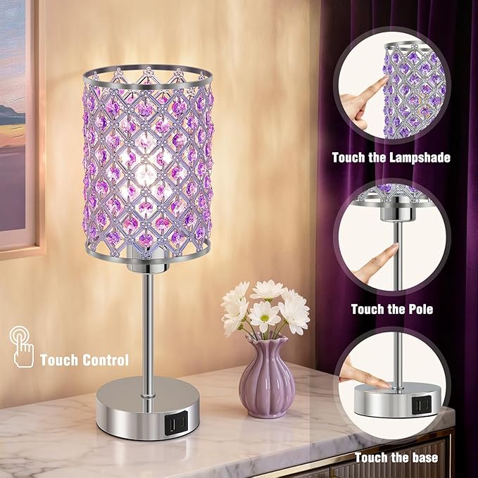 GyroVu Purple Crystal Table Lamp with USB C+A Ports, Dimmable Touch Control Bedside Lamp with LED Bulb, Small Night Light for Bedroom, Living Room, Girls Room, Office