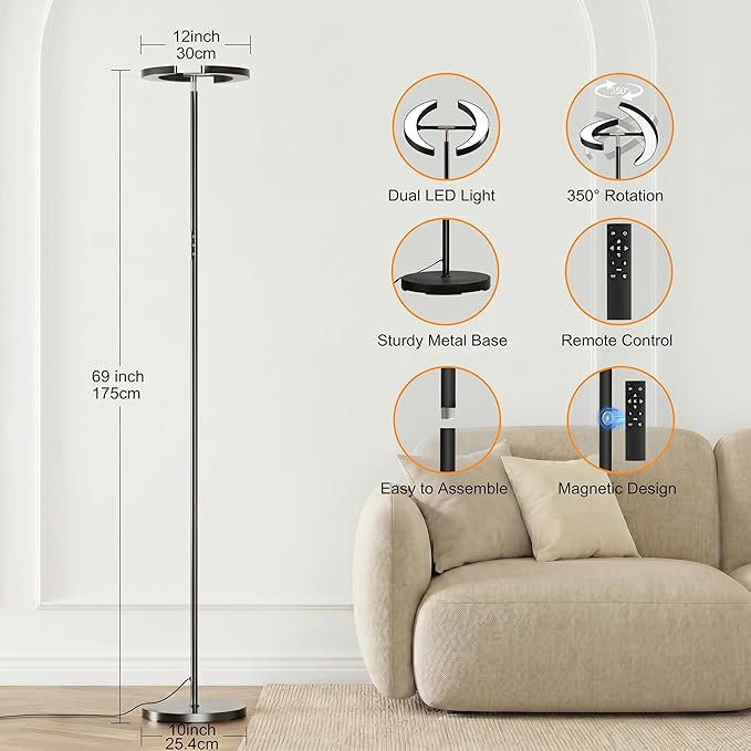 mukuxin Floor Lamp for Living Room, Floor Lamp with Remote Control & Touch Control, 36W 2600lm Standing Lamp with 2 Rotatable Light, 3000-6000K Dimmable LED Floor Light for Bedroom Office