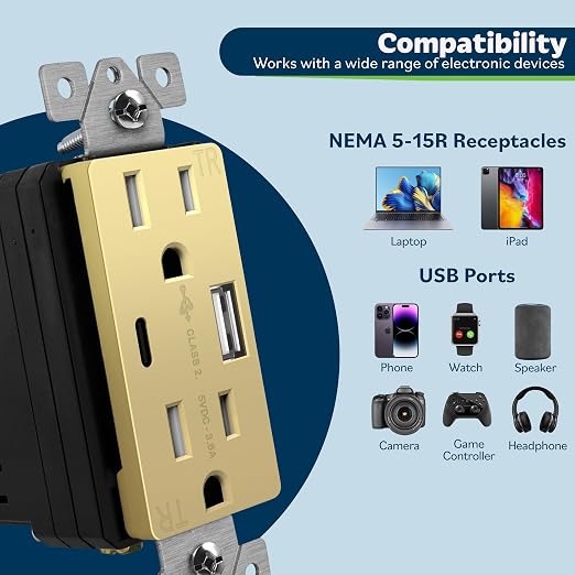 TOPGREENER USB Outlet, 4.2A Type C & Type A Wall Outlet, 15 Amp Tamper Resistant Receptacle Plug, Charging Power Outlet with USB Ports, UL Listed, TU21536AC-GDWSI, Gold
