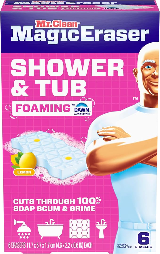 Éponge magique effaceur de taches Mr. Clean, nettoyant pour salle de bain, douche, baignoire, éliminateur de résidus de savon, fournitures de nettoyage de salle de bain, puissance de nettoyage Dawn avec parfum de citron, douche et baignoire, 6 unités