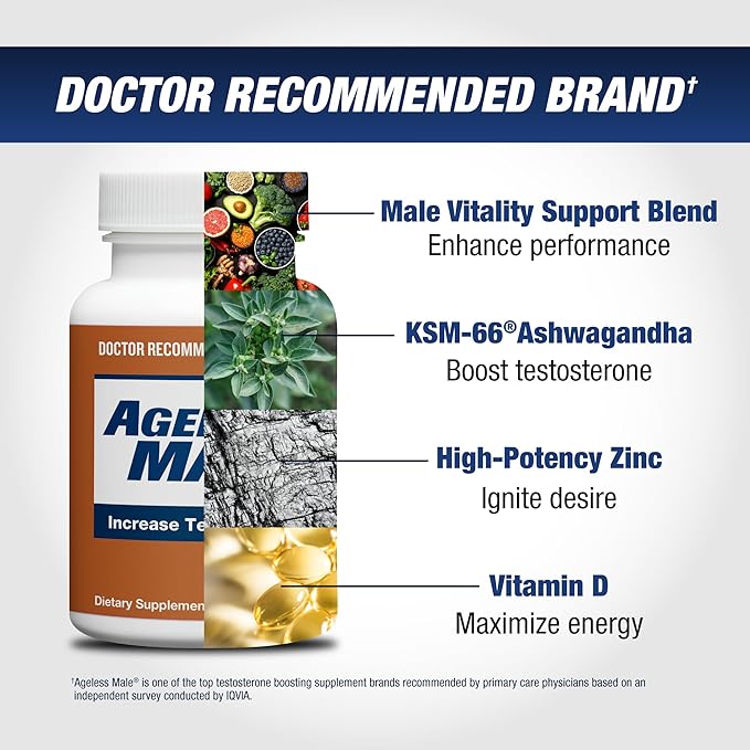 Ageless Male Free Testosterone Booster Supplement for Men, 120 Tablets