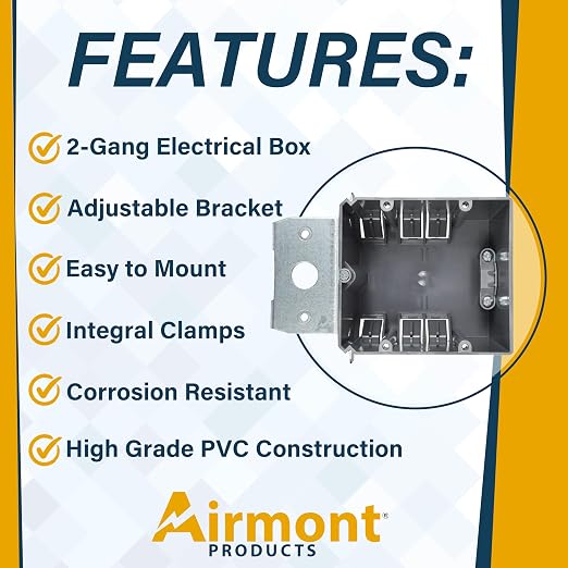 (4 Pack) Adjustable 2-Gang Electrical Box for New Construction – Heavy-Duty Grey PVC Switch & Outlet Box with Metal Bracket, ETL Listed Junction Box for Switches, Outlets & Wiring Projects