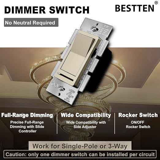 BESTTEN Matte Champagne Gold Dimmer Light Switch, Single Pole or 3-Way, Compatible with Dimmable LED, CFL, Incandescent and Halogen Bulb, 120VAC, Signature Collection, UL Listed