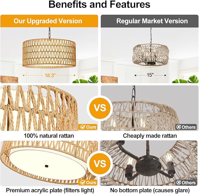 9"-52" Height Adjustable Farmhouse Chandelier Light Fixture, 5-Light Rattan Boho Chandeliers for Dining Room, Hand Woven Pendant Light with Linen Shade, Rustic Hanging Lighting for Kitchen Island