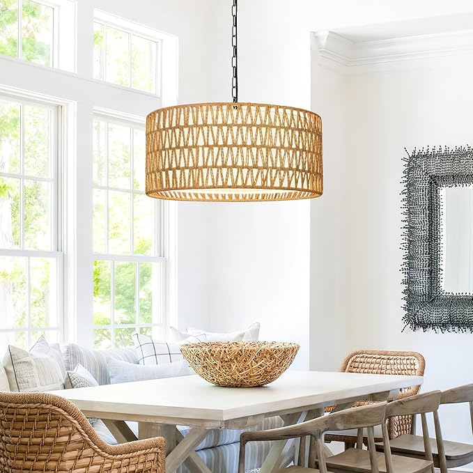 9"-52" Height Adjustable Farmhouse Chandelier Light Fixture, 5-Light Rattan Boho Chandeliers for Dining Room, Hand Woven Pendant Light with Linen Shade, Rustic Hanging Lighting for Kitchen Island
