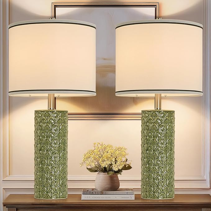 27" Tall Farmhouse Table Lamp Set of 2, Large Ceramic Bedside Lamps for Bedroom Living Room, 3-Color Temperature Dimmable Nightstand Lamps with Bulbs Included, Modern Home Decor (Light Green)