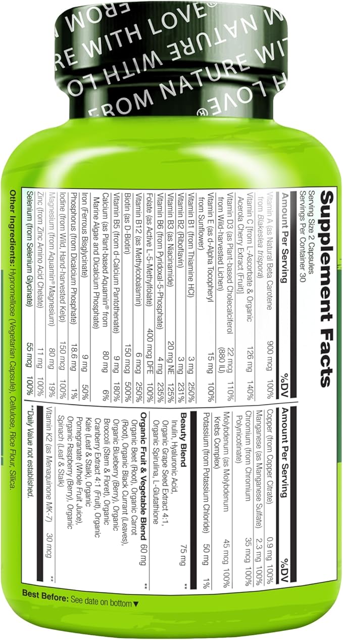 NATURELO Multivitamine Aliment Complet avec Soutien Supplémentaire Cheveux, Peau et Ongles - Mélange Beauté avec Acide Hyaluronique et Pépins de Raisin - Biotine, Vitamine C et Glutathion Haute Puissance - 60 Gélules Végétaliennes