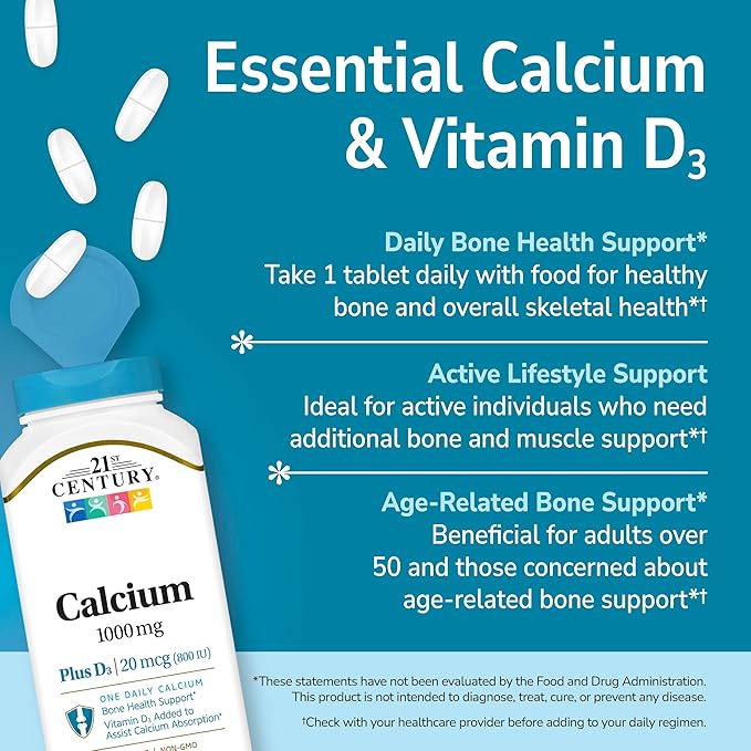 21st Century Calcium Plus D3 Tablets, (90 Count), 1000mg Calcium with Vitamin D3 20mcg (800 IU), Gluten-Free & Non-GMO, Bone Health Supplement for Men & Women, No Added Yeast or Artificial Flavors