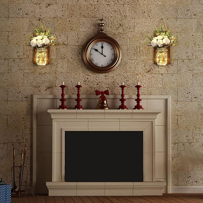 Lightess Wall Decor Mason Jar Sconces with Remote Control, Rustic Home Decor LED Fairy Lights with White Rose, Farmhouse Wall Decorations Lights Set of Two for Dining Room Living Room