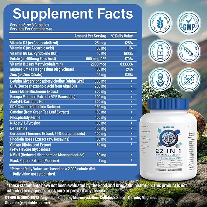 Compléments Cérébraux pour la Mémoire et la Concentration, la Clarté et l'Amélioration Cognitive, 300mg Alpha GPC, CDP-Choline, DHA, Crinière de Lion, L-Théanine, Vitamine et Phosphatidylsérine pour Hommes et Femmes, 120 Gélules