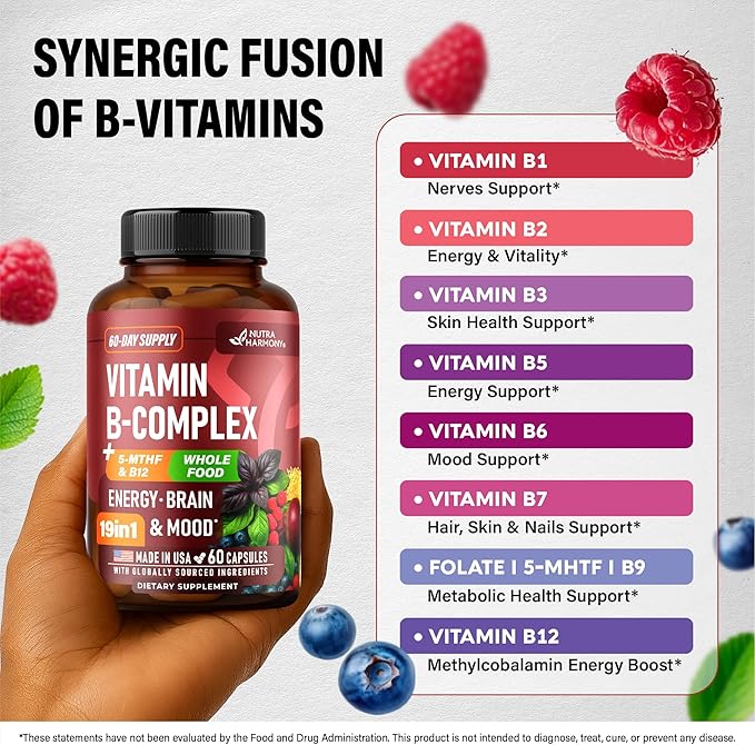 Vitamine B Complexe - B1 | B2 | B3 | B5 | B6 | Biotine | B12 | 5-MTHF - Astragale & Mélange d'aliments entiers - Énergie, Métabolisme & Cerveau - Vitamines B pour femmes et hommes - Fabriqué aux États-Unis - 60 gélules, approvisionnement de 60 jours