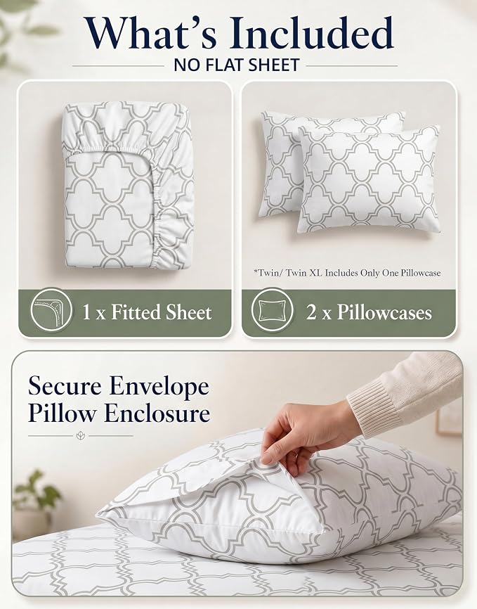 LANE LINEN Twin XL Fitted Sheet, 100% Organic Cotton 2-Piece Set (1 Fitted Sheet,1 Pillowcase),Percale Weave,Bottom Sheet, Soft, Breathable,Fits Mattress Upto 15" Deep - Trellis Silver(No Flat Sheet)