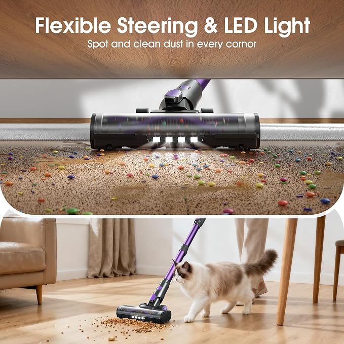 Klarpul Cordless Vacuum Cleaner, 650W 55KPA 70Mins Runtime Fast Charging Vacuum Cleaner, Self-Standing LED Light Touch Screen Stick Vacuum for Home Light Weight,for Pet Hair/Carpet/Floor, Purple