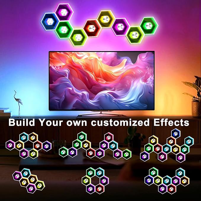 6 Pack Hexagon Lights Wall RGBW Panel - Hexagonal Led Lights Room Decor Wall Lights，with Smart APP Music Sync Honeycomb Shape Panels Hexagon for Gaming Lights Bedroom Children Decor