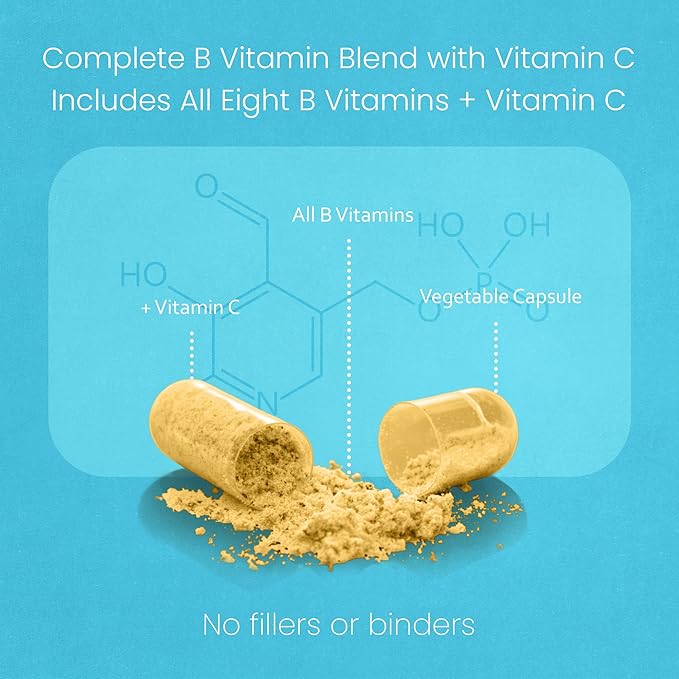 Complexe de Vitamines B avec Vitamine C de NaturaLife Labs – Contient des Vitamines B Actives B2 (Riboflavine-5-Phosphate), B6 (Pyridoxal-5-Phosphate), B9 (5-MTHF) et B12 (Méthylcobalamine) ; ainsi que B1, B3, B5 et B7 – 100 Gélules