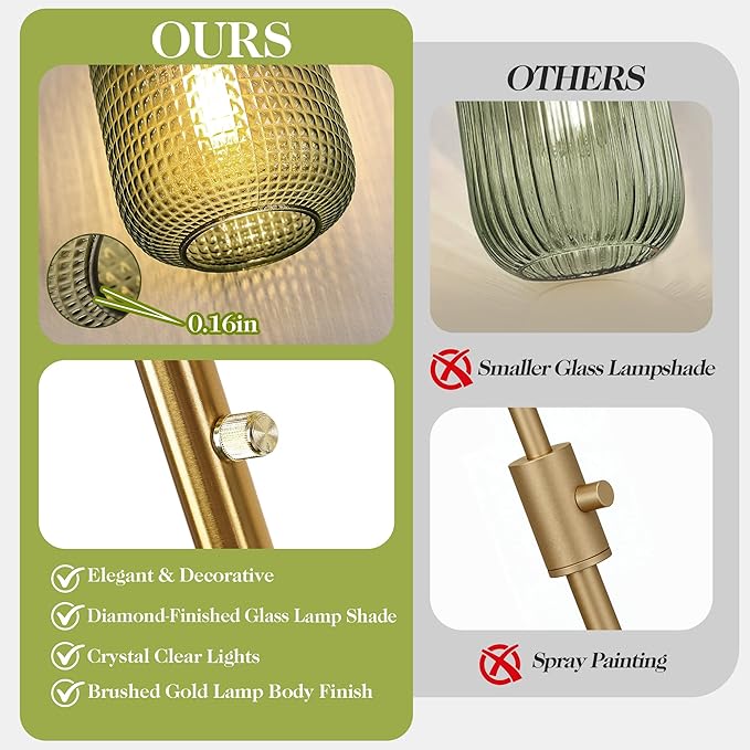QiMH Floor Lamps for Living Room, Gold Standing lamp with Green Glass Lamp Shade, 67" Tall lamp with Rotary Switch, Dimmable Floor Lamp for Bedroom Office, 2700K Bulb Included