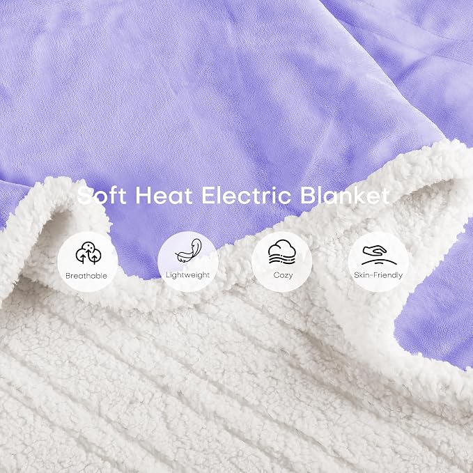Electric Heated Blanket Twin Size 62"x84" – ETL Certified for Safe Overnight, 4 Heat Settings & 10H Auto Off, Dual-Sided Microplush Sherpa for Home Theater Night, Machine washable – Light Purple