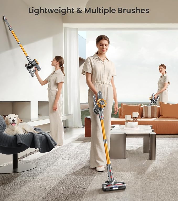 CHEBIO Cordless Vacuum Cleaner, 550W/45Kpa Vacuum Cleaners for Home with LED Display, Anti-Tangle&Wall Mount, 65Mins Wireless Vacuum, 8 in 1 Lightweight Stick Vacuum for Hard Floor/Carpet/Hair (Gold)