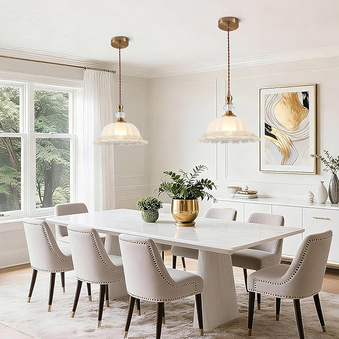 10.6" Milk Glass Vintage Pendant Light for Kitchen Island, Antique Brass Gold Pendant Light Fixture for Dining Room Hallway Bedroom