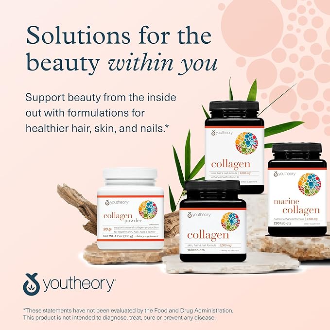 Youtheory Advanced Collagen - 6,000 mg Hydrolyzed Collagen Peptides - Includes Antioxidants & Contains Vitamin C - Hair Growth, Nails, Joint Health & Bone Support* - 290 Tablets (48-Day Supply)