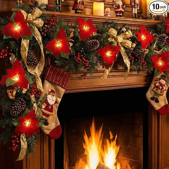 8.5FT Christmas LED Flower String Lights, Christmas Decorations Lights Outdoor with 10 LED Red and Green Flowers Bulbs, Plug in Flower Fairy Light for Valentines Wedding Garden Porch Floral Decor