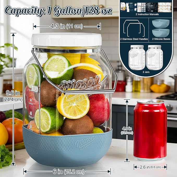 2 Pack Square Glass Containers with Airtight Lids, Wide Mouth Mason Jars, 1 Gallon Glass Jar With Handle & Non-slip Base & Scale Mark, 128 Oz Pantry Storage Canisters for Flour, Rice, Pickle