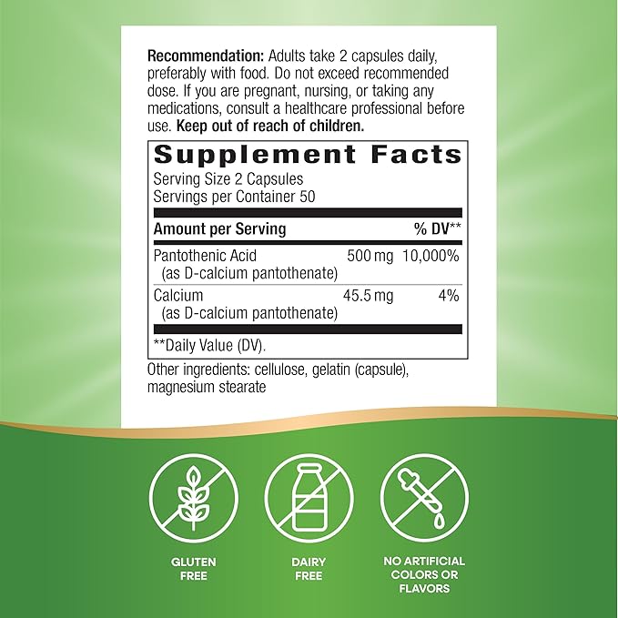 Nature's Way Pantothenic Acid, Supports Cellular Energy*, 500mg Per Serving, 100 Capsules