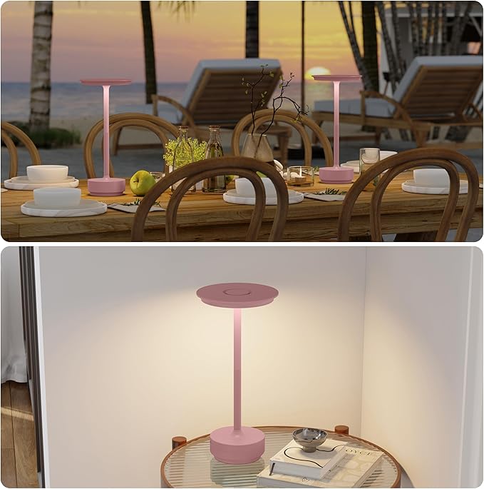 TBBGA 2 Pack Rechargeable Cordless Table Lamps, Portable 5000mAh Outdoor Table Light, 3 Color Stepless Dimming LED Table Lamp with Memory Function, for Home/Dinner/Patio/Restaurant.(Pink)