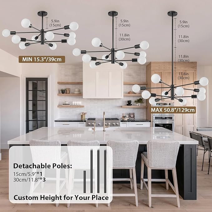 KAISITE Modern Chandelier Ceiling Light Fixture Sputnik Chandelier 10-Light Black Chandelier for Dining Room Over Table Height Adjustable Lighting Fixture Ceiling Hanging for Farmhouse Kitchen