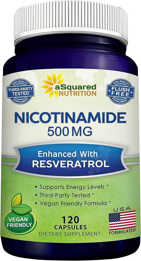 aSquared Nutrition ニコチンアミド レスベラトロール配合 - 120植物性カプセル - ビタミンB3 500mg（ナイアシンアミド フラッシュフリー） - NAD、皮膚細胞の健康、エネルギーをサポートするサプリメントピル
