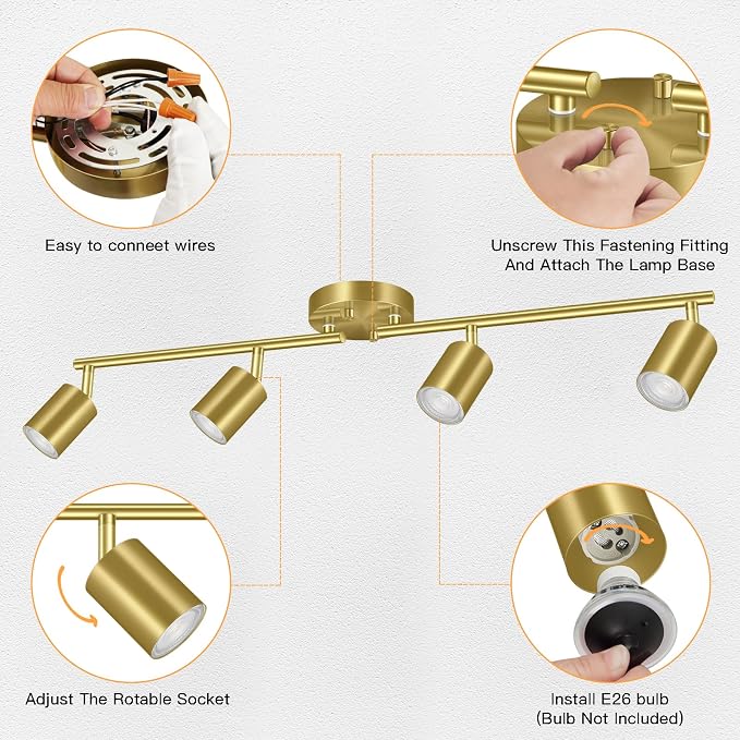BoostArea Gold LED 4 Light Track Lighting Kit, 4 Way Ceiling Spot Lighting, Flexibly Rotatable Light Head for Kitchen, Living Room, Bedroom, Bulb Not Included
