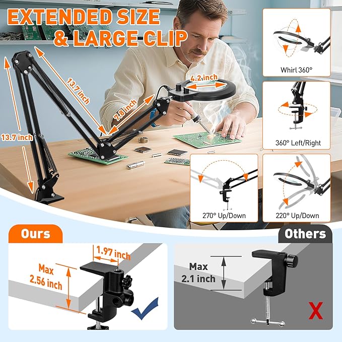 KIRKAS 12X Magnifying Glass with Light and Stand, Extra-Long Arm Magnifying Lamp Overhead Knob for Workbench Craft, Sewing, LED Lighted Magnifier Real Glass Lens Stepless Dimming and Color(35in Clamp)