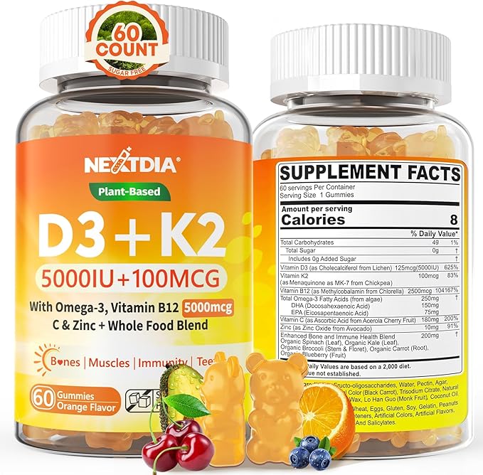 ビタミンD3 K2グミ 5000IU / 10,000IU オメガ3 250mg+K2(MK-7) 100mcg配合 -標準D3K2の5倍吸収、ビタミンC、亜鉛、5種のオーガニック野菜配合、骨と歯の健康、免疫をサポート、1パック
