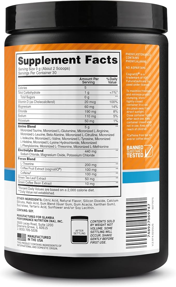 Optimum Nutrition Amino Energy Powder Plus Focus, with BCAA, Electrolytes, and Caffeine, Sunkissed Citrus, 30 Servings (Packaging May Vary)