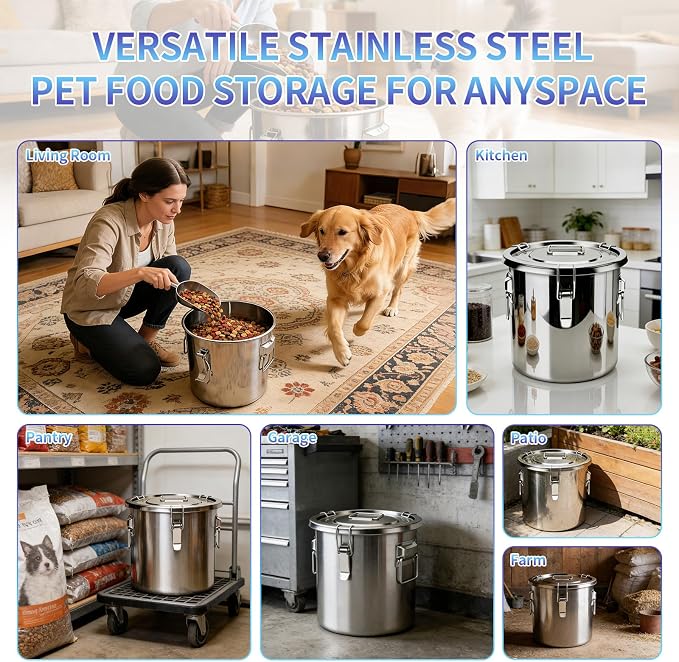 30 lb Stainless Steel Dog Food Storage Container, Airtight Metal Pet Food Storage Bin with Lid and Scoop, Large Dog Food Container for Dry Food, Keep Fresh, Easy to Clean
