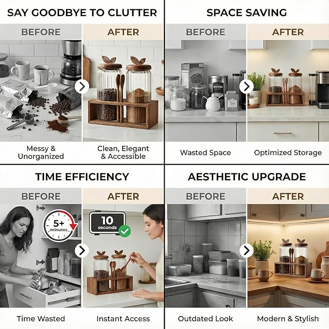 Glass Coffee Canister Set of 2 with Acacia Wood Lids and Spoons - Airtight Coffee Container for Ground Coffee, Sugar - Coffee Bar Accessories with Organizer Tray for Kitchen Counter (40floz Each)