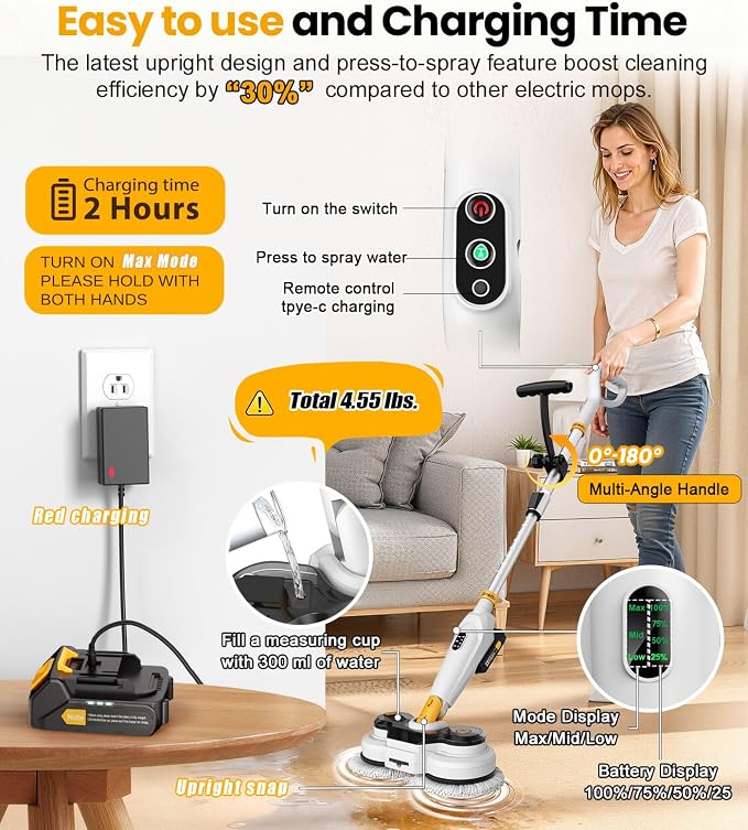 Qimedo Battery Electric Mop, Cordless Electric Scrubber & Mops for Floor Cleaning, Best Automatic Spin Mops with Smart Display,Rotating Mop with LED Light & Water Spray