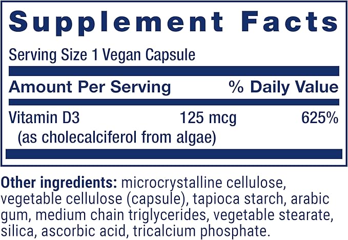 Life Extension Vitamine D3 Végétalienne, 125 mcg (5000 UI), cholécalciférol issu d'algues, haute puissance immunitaire, santé des os et de l'ensemble du corps, sans gluten, sans OGM, 1 par jour, végétalien, 60 gélules végétaliennes