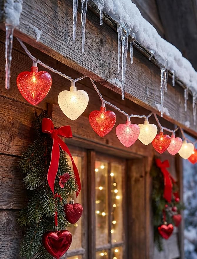 Valentines Day Heart String Lights Plug in, 8.5Ft Indoor Outdoor Valentine's Day Decorations String Lights with 10 LED Red Pink and White Heart Lights for Wedding Party Window Christmas Birthday Decor