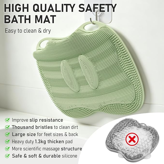 XL Shower Foot Scrubber Mat, Silicone Feet Massage Cleaner Dead Skin Toes Clean Pad without Bending Non-slip Suction Cups -Improve Circulation for Feet Beauty Exfoliate Smooth Achy 17.2*13" Sage Green