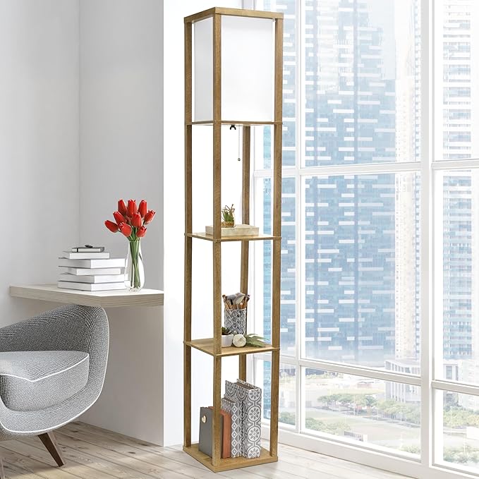 Simple Designs LF1038-WOD 62.5" Modern 3 Tier Standing Floor Lamp Etagere Organizer Storage Shelf with Linen Shade for Home Décor, Living Room, Bedroom, Office, Light Burnt Oak