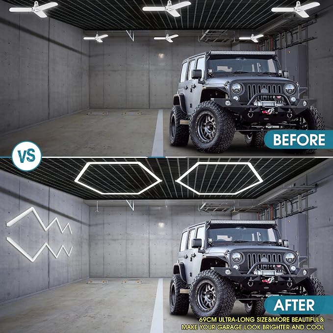 LZHOME LED Hexagon Garage Light: 12700LM Car Detailing Shop Light, DIY Splicing Ceiling & Wall Decor Lights, for Workshop Basement Gym Warehouse Bar Gaming Room