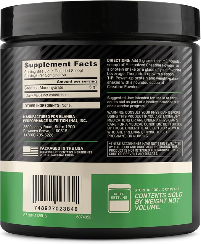 Optimum Nutrition Micronized Creatine Monohydrate Powder, Unflavored, 60 Servings, 300 Grams (Packaging May Vary)
