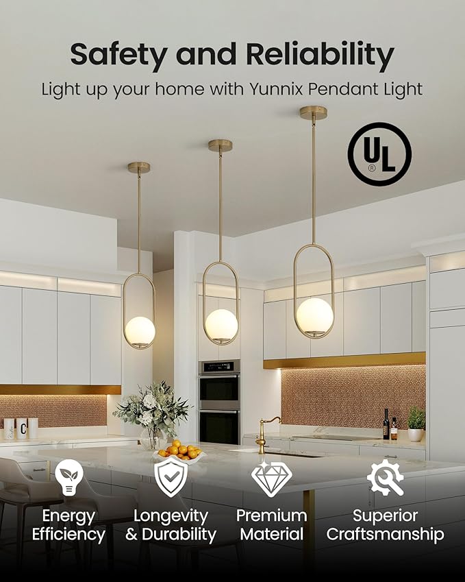 Yunnix Pendant Lights Kitchen Island, Pendant Light Fixtures, 2 Pack Modern Champagne Bronze Globe Glass Pendant Lighting, Mid Century Chandelier One Light for Bathroom Bedroom Dining Room
