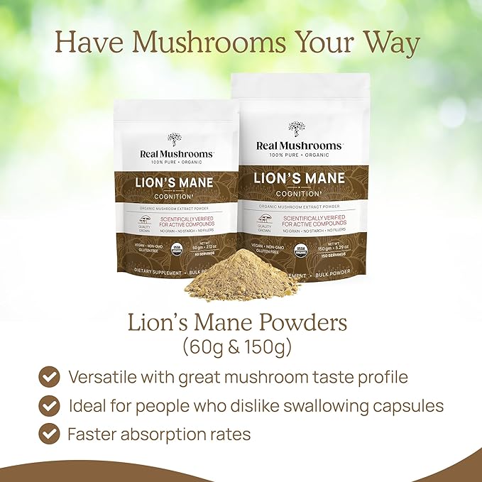Poudre de supplément de Crinière de lion Real Mushrooms – Extrait biologique de Crinière de lion – Champignons fonctionnels avec bêta-glucanes vérifiés – Mélange fonctionnel – Sans OGM, végétalien avec 150 portions