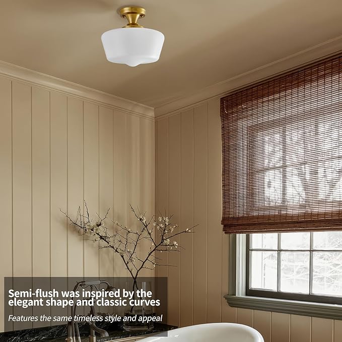 youngrender Semi Flush Mount Ceiling Light, Gold Schoolhouse Milk Glass Light Fixture, Vintage Brass Farmhouse Ceiling Light for Kitchen Hallway Entryway Bedroom Dining Room, E26