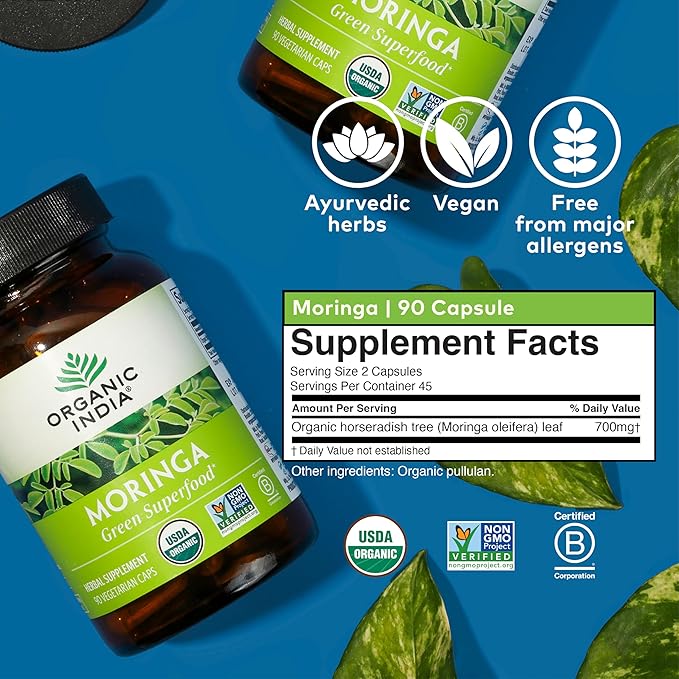 ORGANIC INDIA モリンガ ハーバル サプリメント - グリーン スーパーフード、高栄養価、純粋植物性タンパク質、ビタミンA、E、K、鉄、カルシウム、食物繊維配合、ヴィーガン、グルテンフリー、USDAオーガニック認証 - 90カプセル